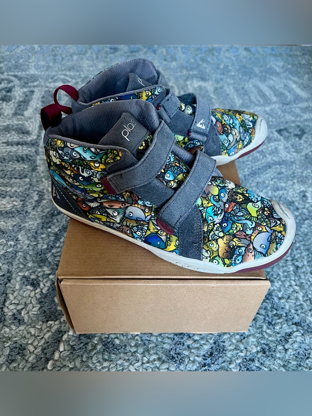 PLAE Kids High-Top Sneakers in Gray with Multicolor Fish Print